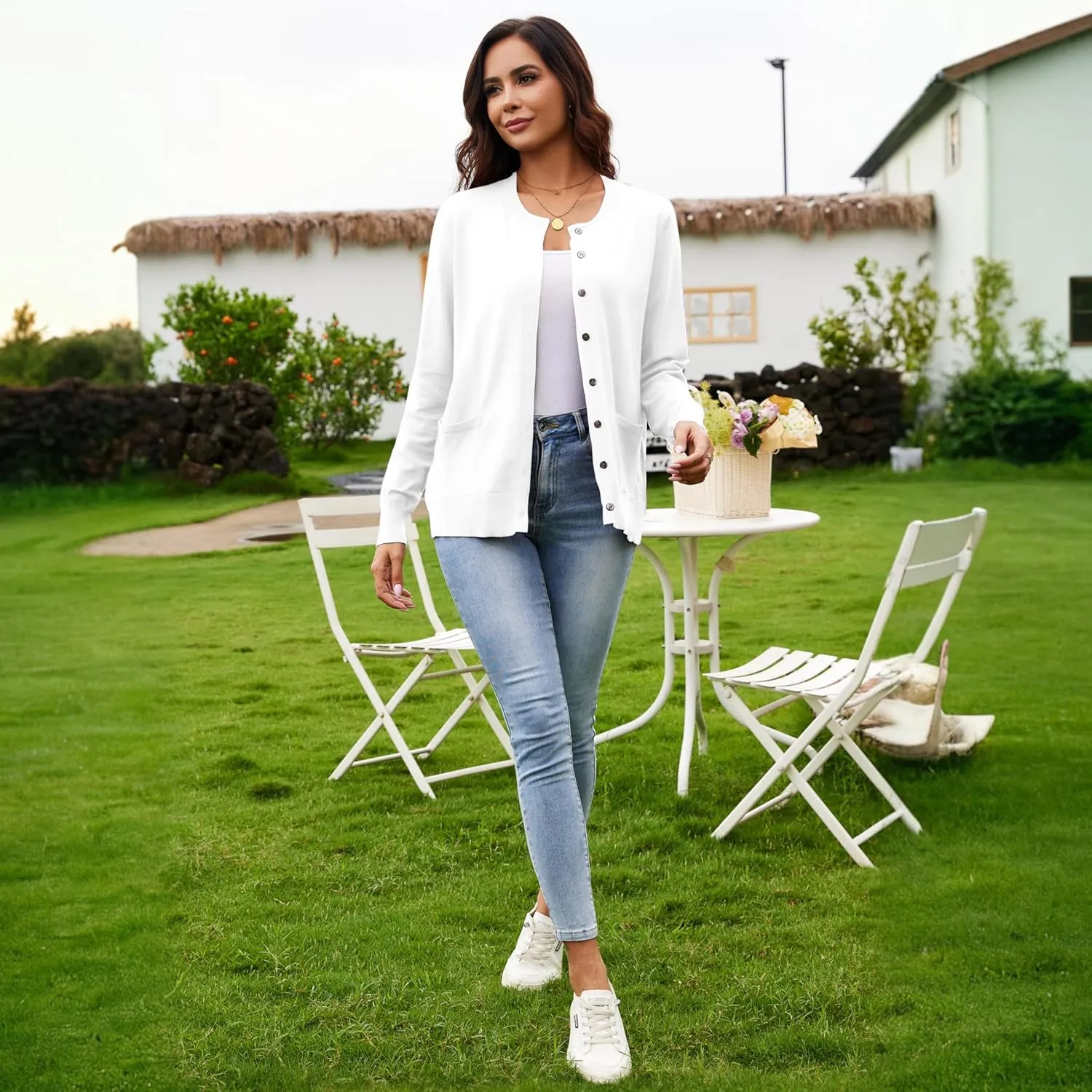 Women's Casual Open Front Button Long Sleeve Knit Pocket Lightweight Cardigan