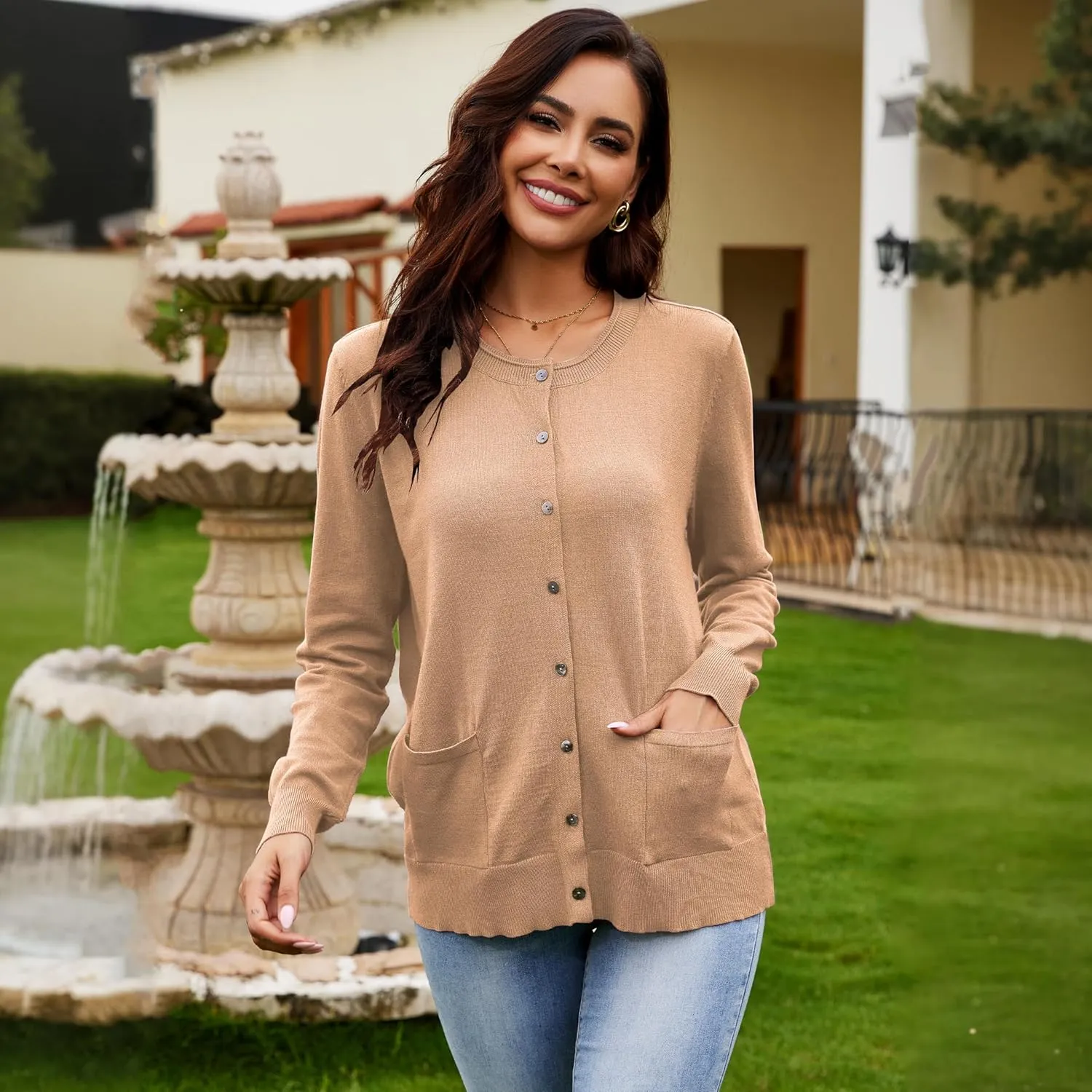 Women's Casual Open Front Button Long Sleeve Knit Pocket Lightweight Cardigan