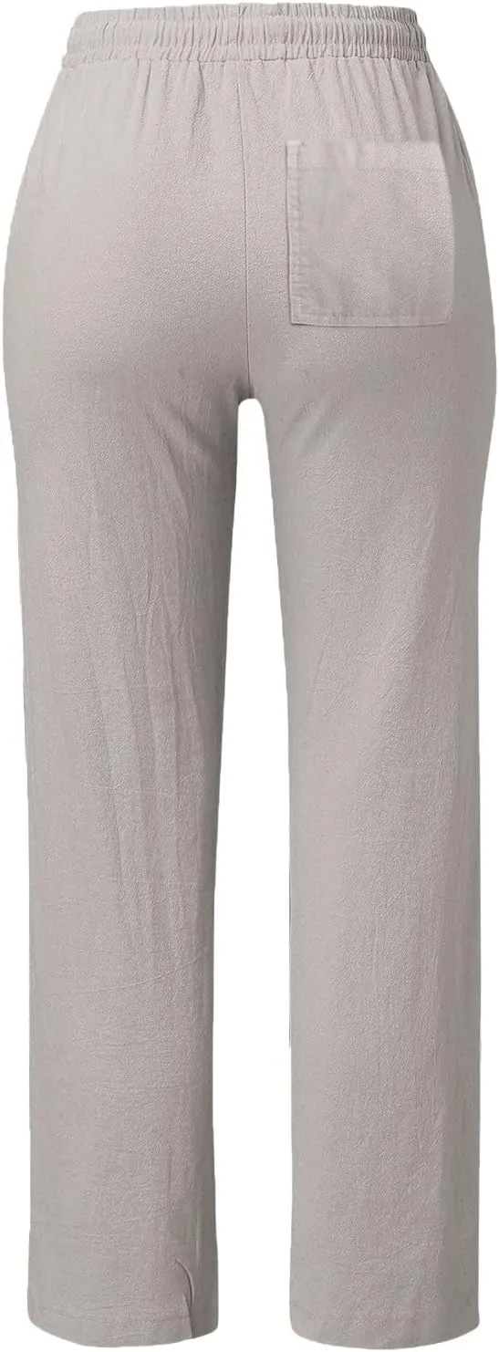 Women's Casual Straight Leg Linen Pants Elastic Waist Loose Fit Summer Beach Pants Drawstring Comfy Sweatpants