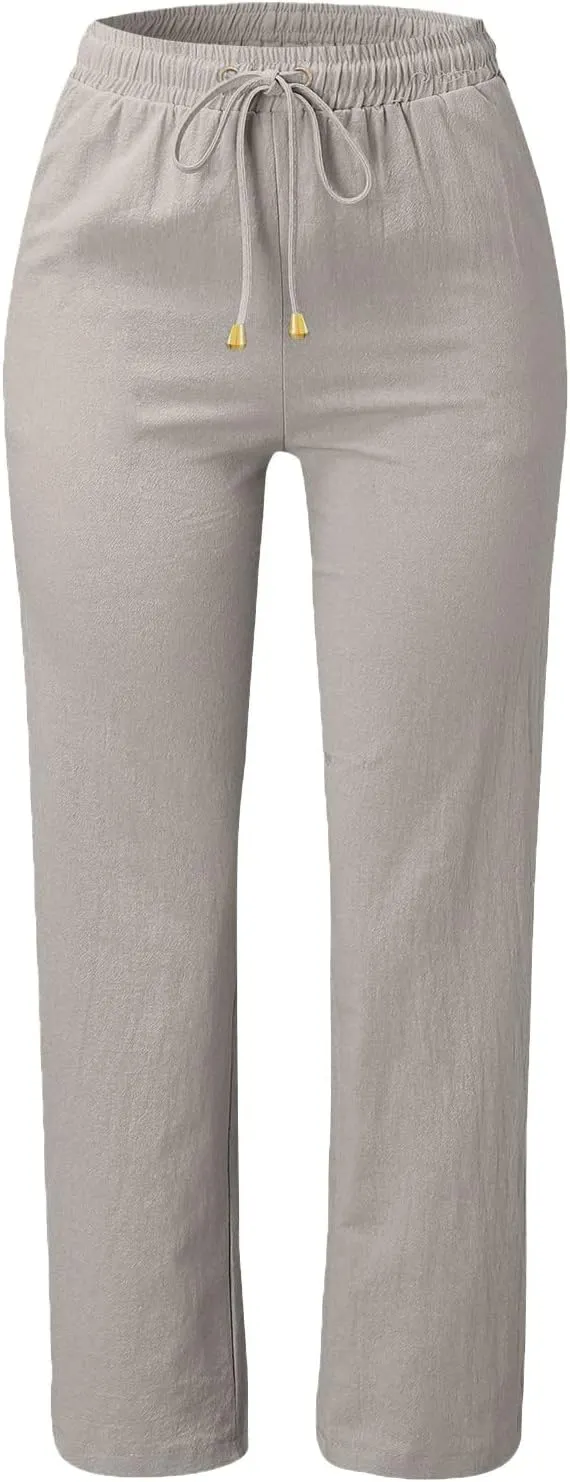 Women's Casual Straight Leg Linen Pants Elastic Waist Loose Fit Summer Beach Pants Drawstring Comfy Sweatpants