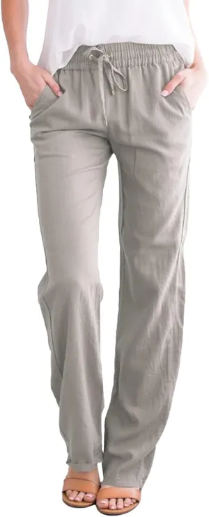 Women's Casual Straight Leg Linen Pants Elastic Waist Loose Fit Summer Beach Pants Drawstring Comfy Sweatpants