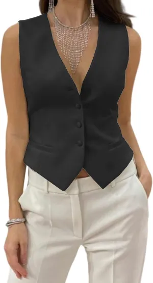Womens Casual Suit Vest Fully Lined 4 Button V-Neck Dress Vests Waistcoat