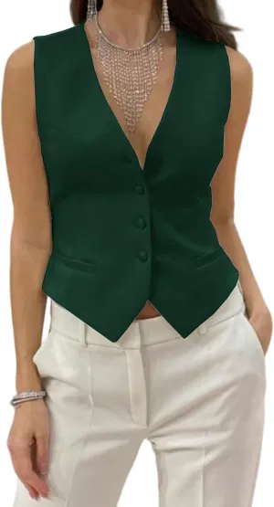 Womens Casual Suit Vest Fully Lined 4 Button V-Neck Dress Vests Waistcoat