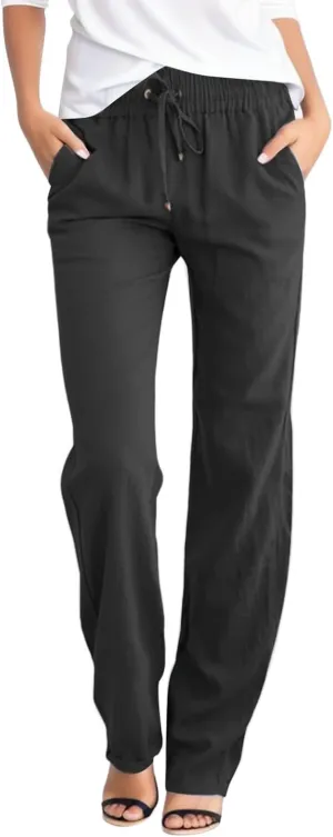 Womens Cotton Linen Casual Pants Straight Leg Drawstring Elastic High Waist Loose Comfy Palazzo Trousers with Pockets