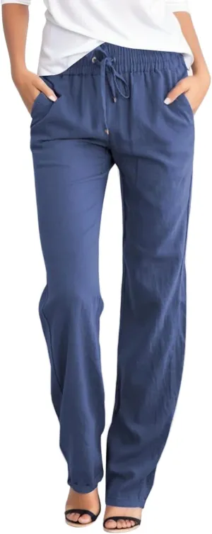 Womens Cotton Linen Casual Pants Straight Leg Drawstring Elastic High Waist Loose Comfy Palazzo Trousers with Pockets