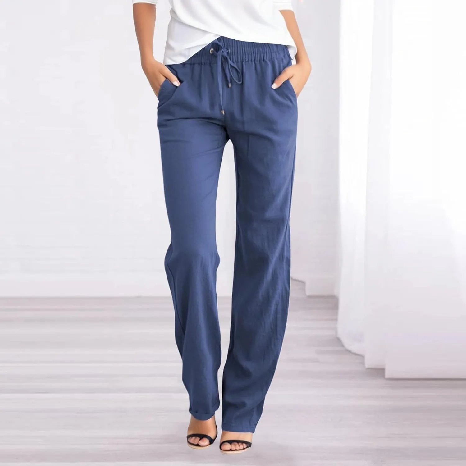 Womens Cotton Linen Casual Pants Straight Leg Drawstring Elastic High Waist Loose Comfy Palazzo Trousers with Pockets