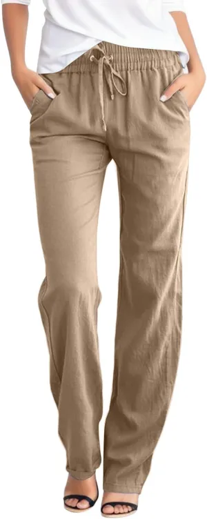 Womens Cotton Linen Casual Pants Straight Leg Drawstring Elastic High Waist Loose Comfy Palazzo Trousers with Pockets
