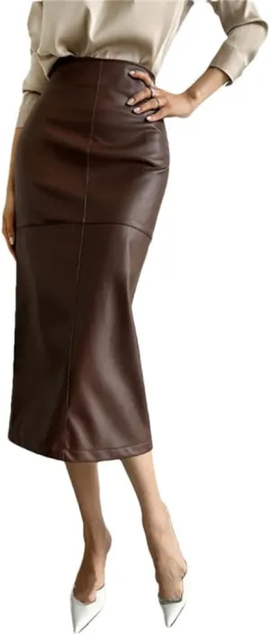 Women's Elegant Slim Split Faux Leather Skirt Office High Waist Skinny Package Hip Midi Pencil Skirts