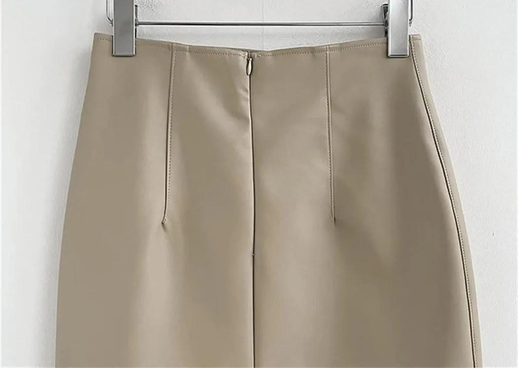 Women's Elegant Slim Split Faux Leather Skirt Office High Waist Skinny Package Hip Midi Pencil Skirts