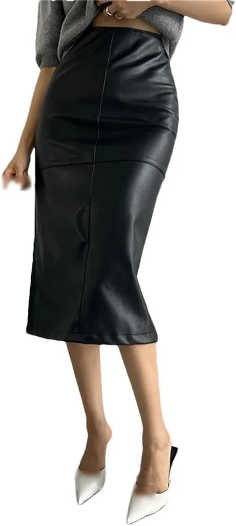 Women's Elegant Slim Split Faux Leather Skirt Office High Waist Skinny Package Hip Midi Pencil Skirts