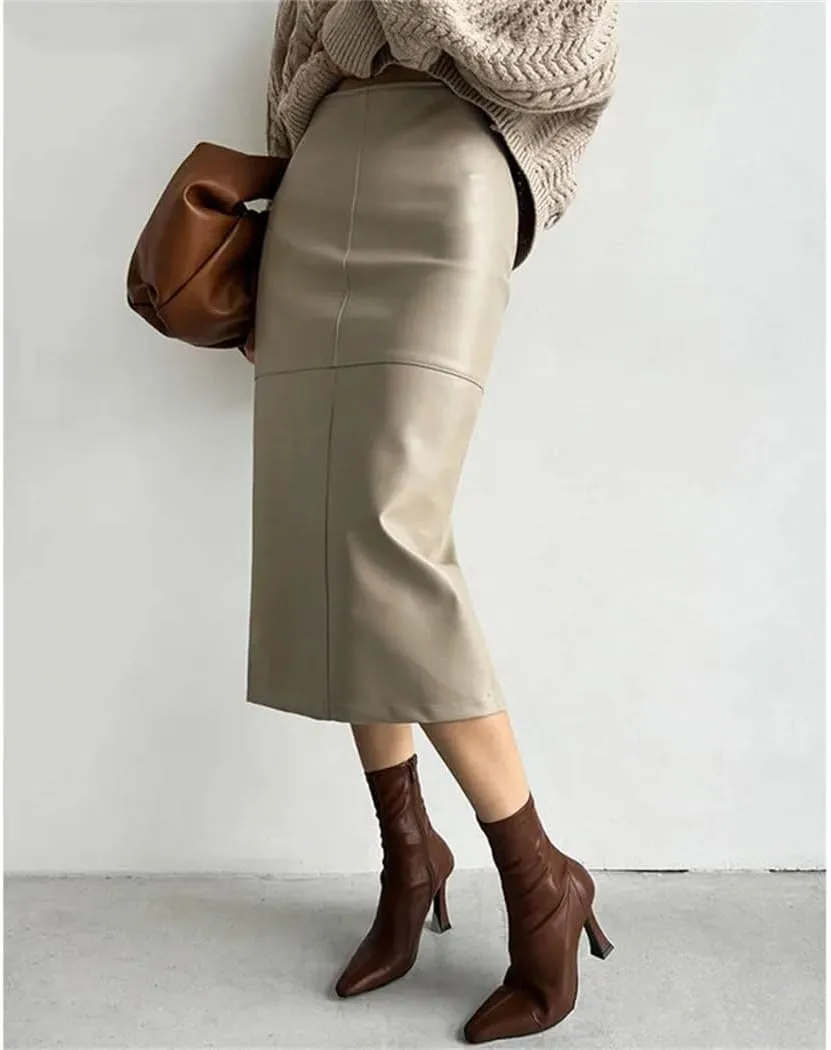Women's Elegant Slim Split Faux Leather Skirt Office High Waist Skinny Package Hip Midi Pencil Skirts