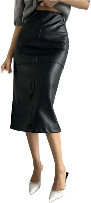 Women's Elegant Slim Split Faux Leather Skirt Office High Waist Skinny Package Hip Midi Pencil Skirts