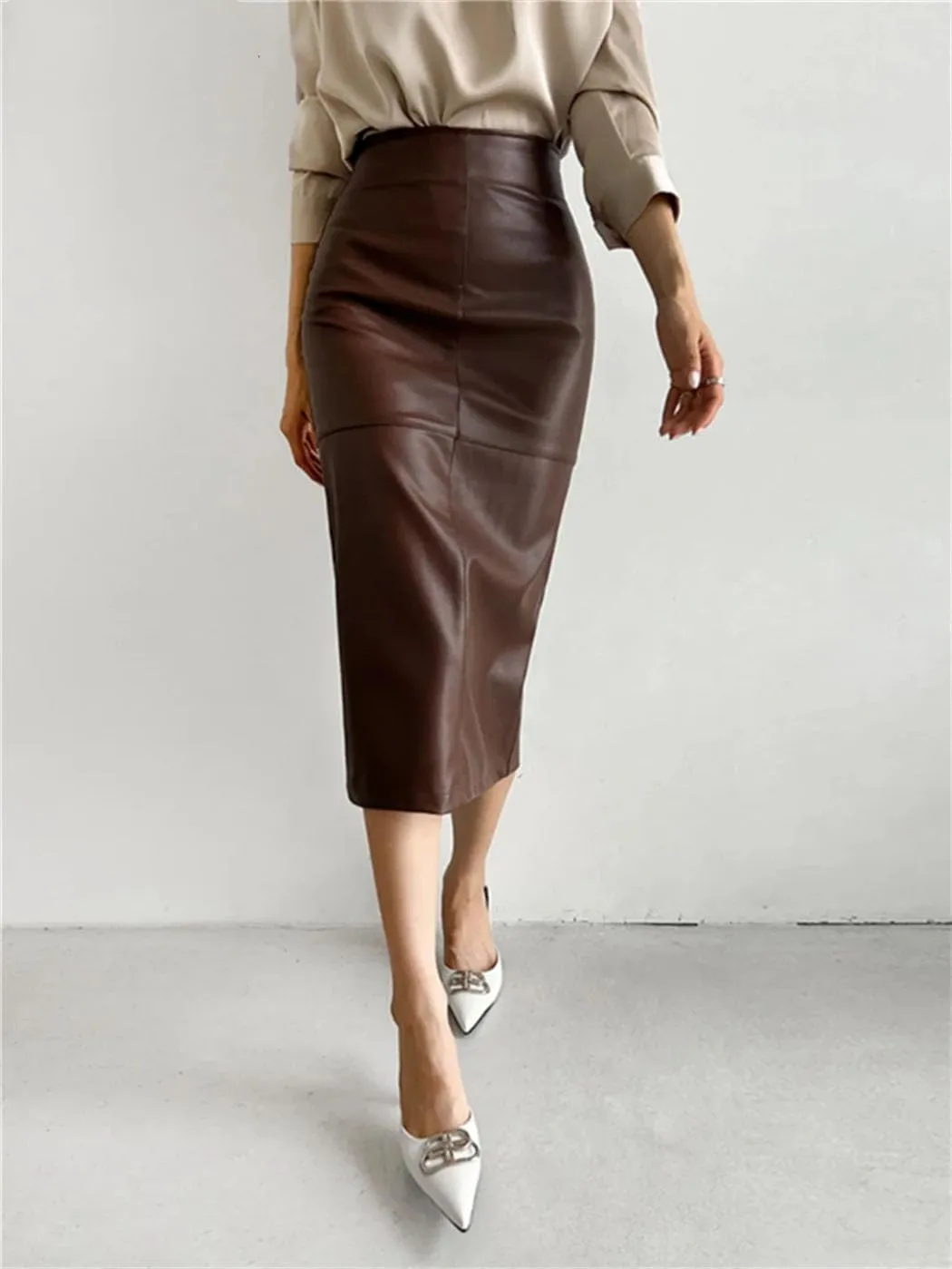Women's Elegant Slim Split Faux Leather Skirt Office High Waist Skinny Package Hip Midi Pencil Skirts
