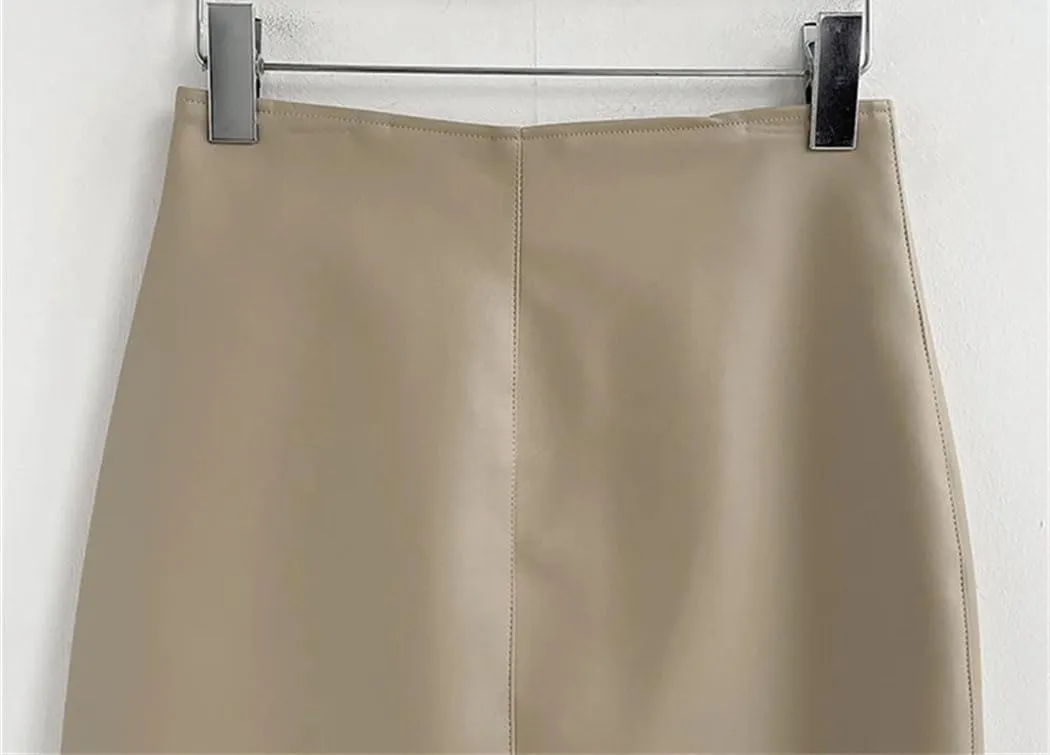 Women's Elegant Slim Split Faux Leather Skirt Office High Waist Skinny Package Hip Midi Pencil Skirts