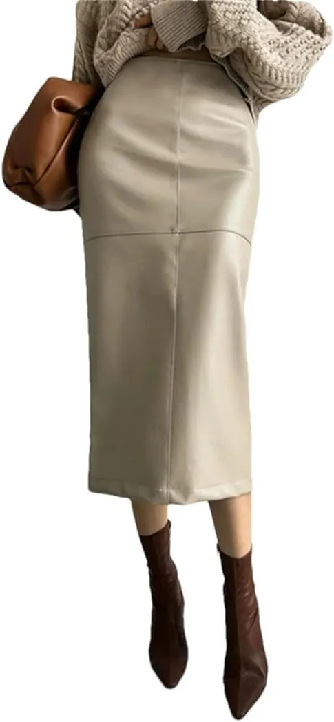 Women's Elegant Slim Split Faux Leather Skirt Office High Waist Skinny Package Hip Midi Pencil Skirts