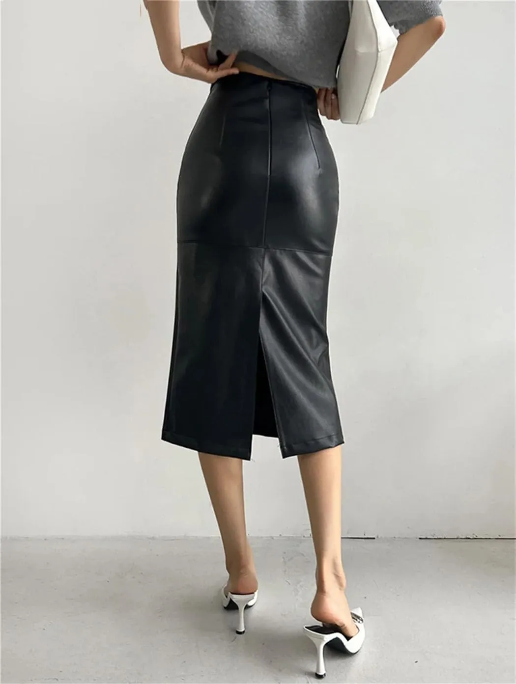 Women's Elegant Slim Split Faux Leather Skirt Office High Waist Skinny Package Hip Midi Pencil Skirts