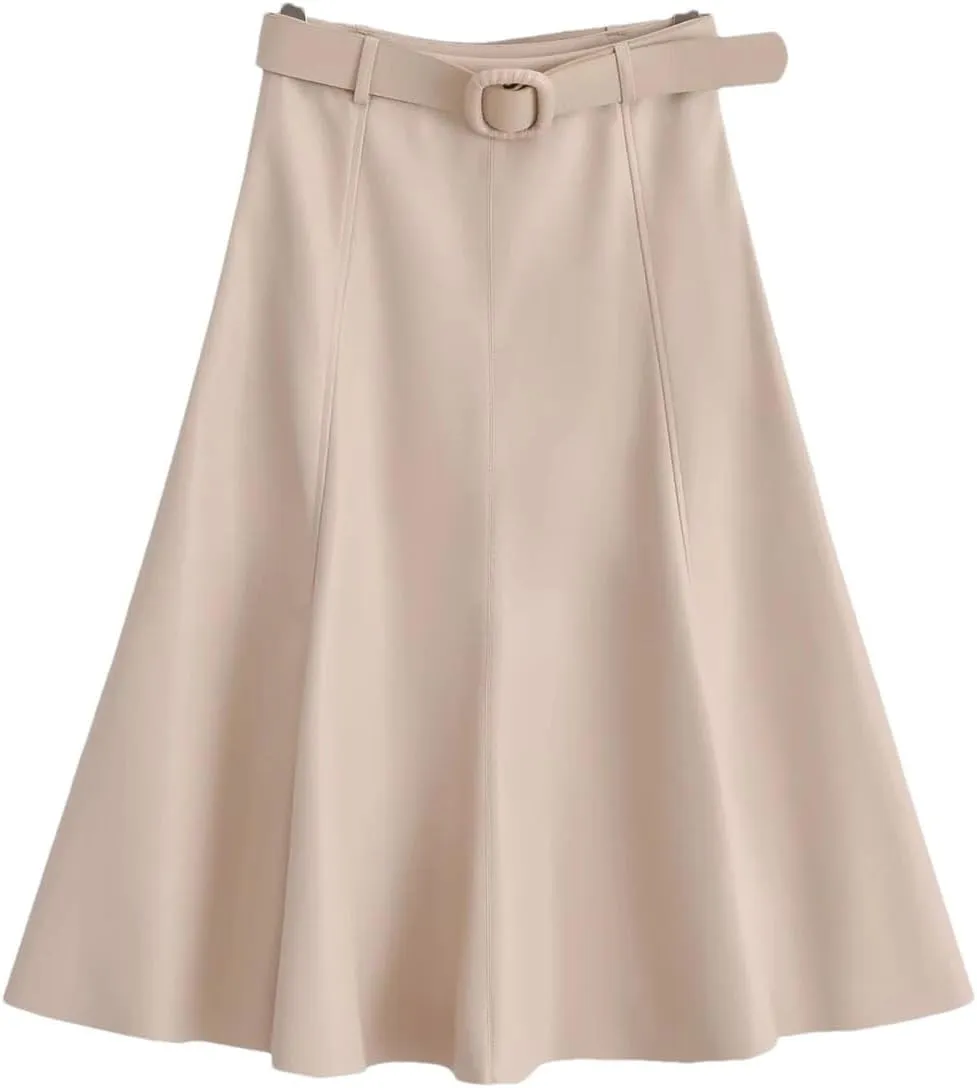Women's Faux Leather A-Line Skirt Beige High-Waist Pleated Skirt Midi Below Knee Office Mini Skirt with Belt