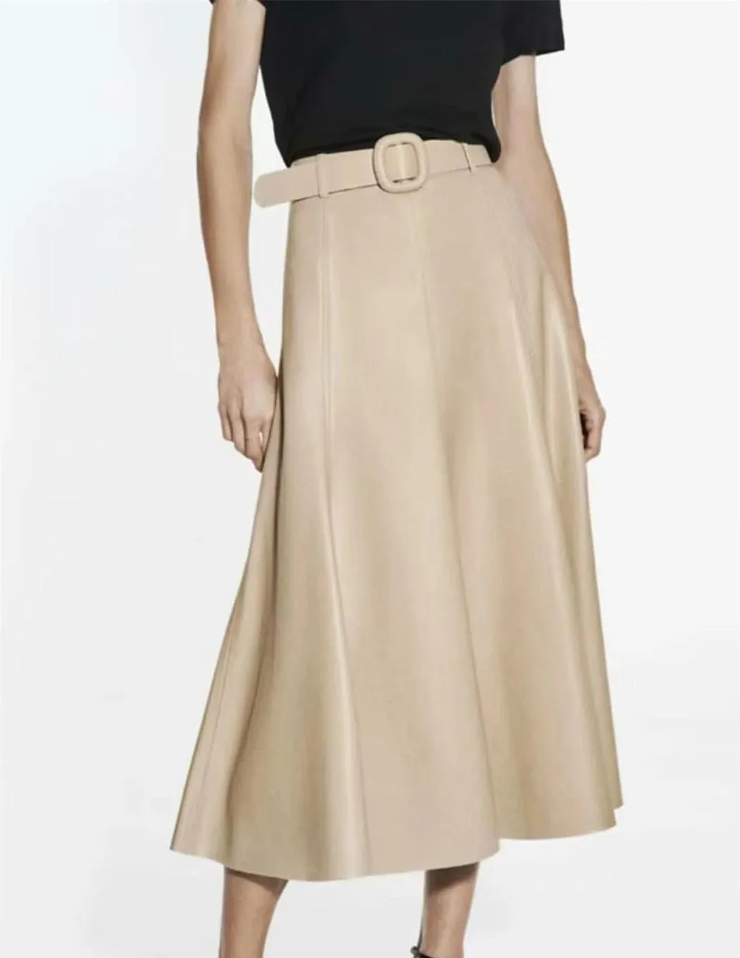 Women's Faux Leather A-Line Skirt Beige High-Waist Pleated Skirt Midi Below Knee Office Mini Skirt with Belt