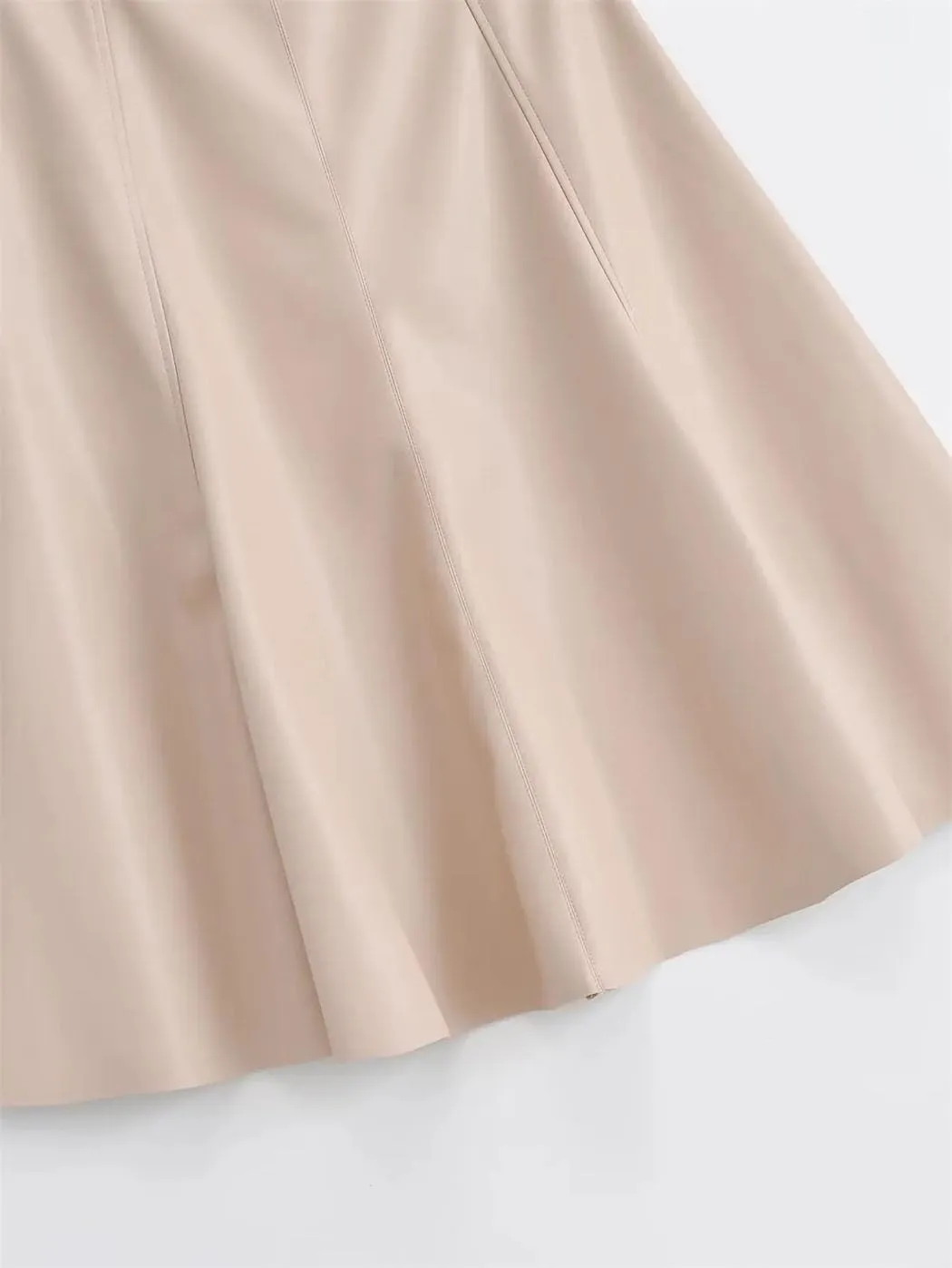 Women's Faux Leather A-Line Skirt Beige High-Waist Pleated Skirt Midi Below Knee Office Mini Skirt with Belt