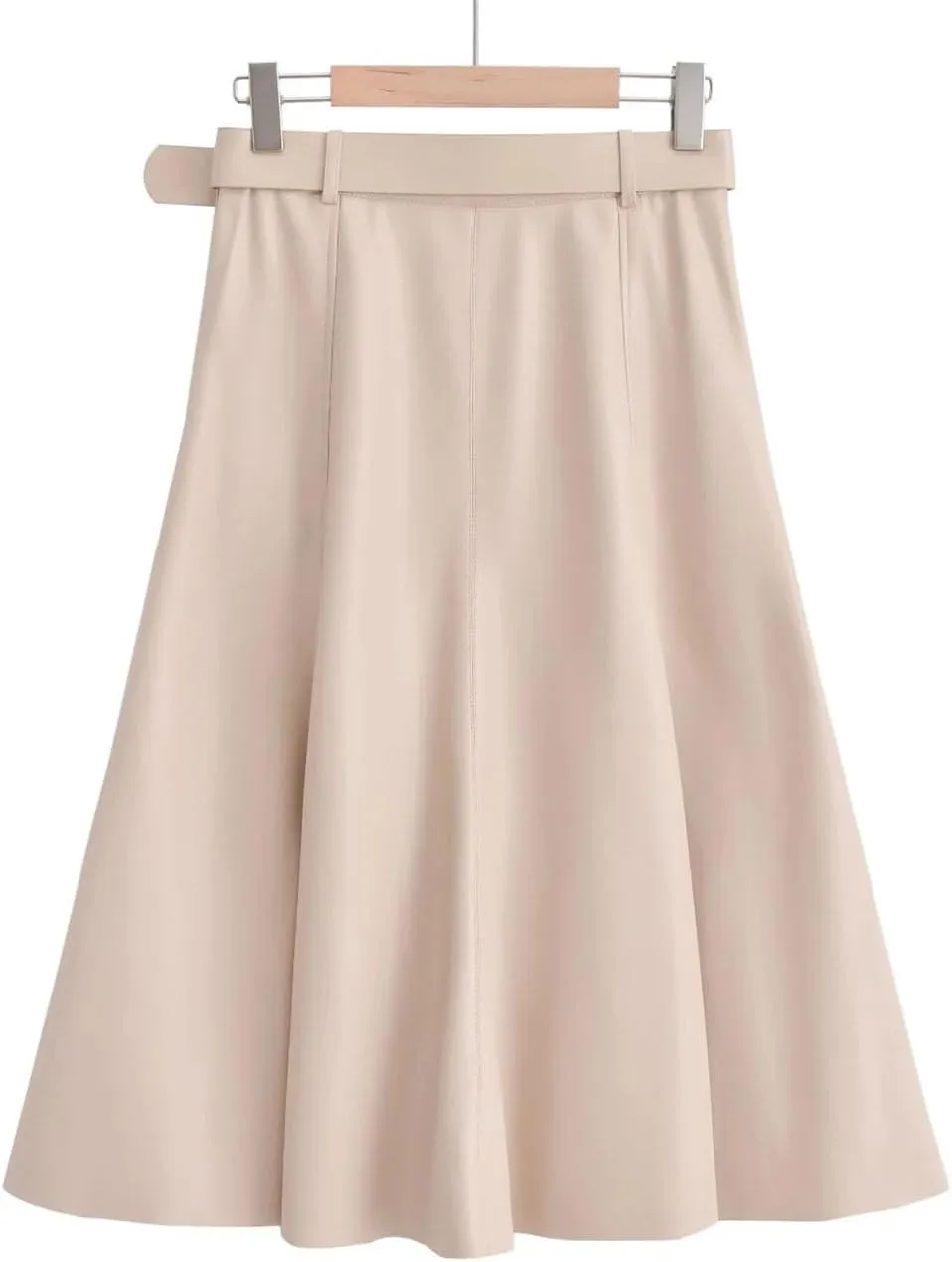Women's Faux Leather A-Line Skirt Beige High-Waist Pleated Skirt Midi Below Knee Office Mini Skirt with Belt
