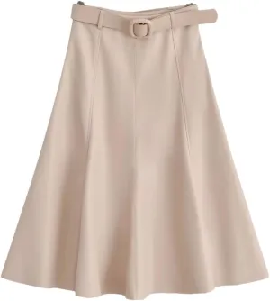 Women's Faux Leather A-Line Skirt Beige High-Waist Pleated Skirt Midi Below Knee Office Mini Skirt with Belt