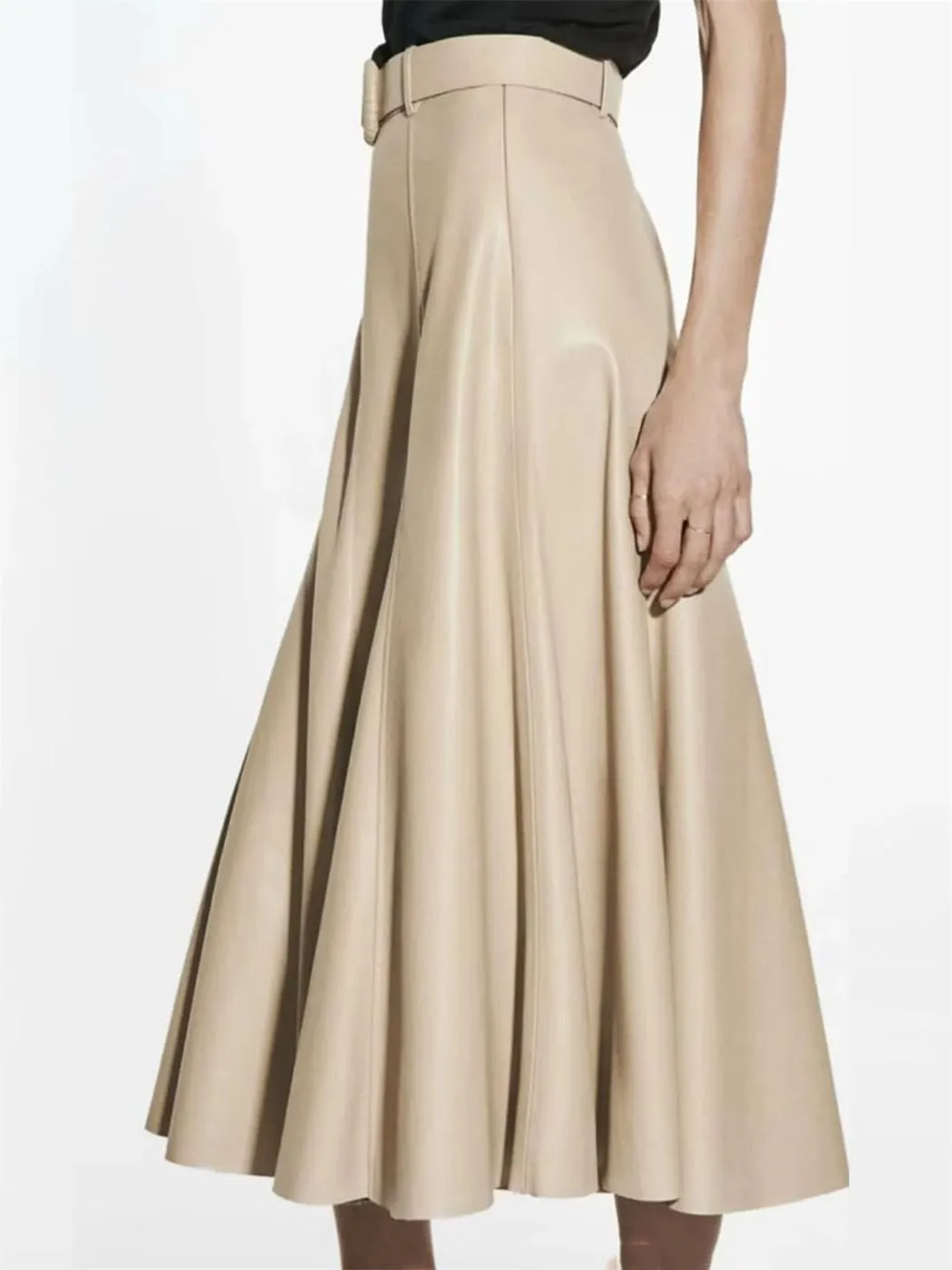 Women's Faux Leather A-Line Skirt Beige High-Waist Pleated Skirt Midi Below Knee Office Mini Skirt with Belt
