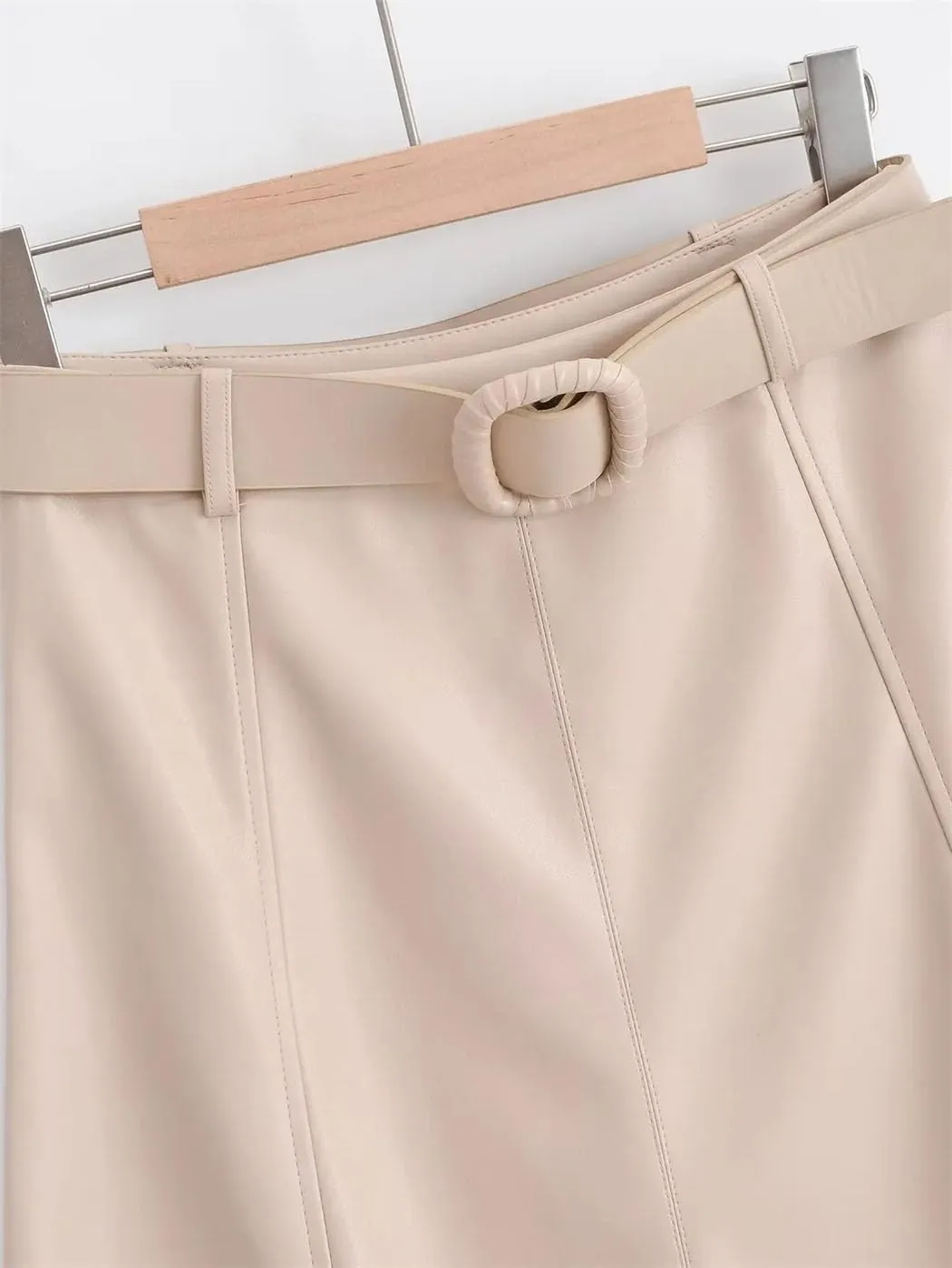 Women's Faux Leather A-Line Skirt Beige High-Waist Pleated Skirt Midi Below Knee Office Mini Skirt with Belt