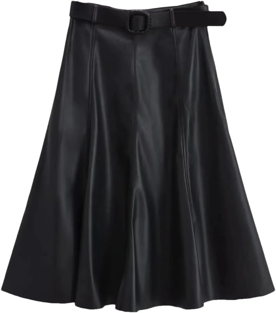 Women's Faux Leather A-Line Skirt Beige High-Waist Pleated Skirt Midi Below Knee Office Mini Skirt with Belt