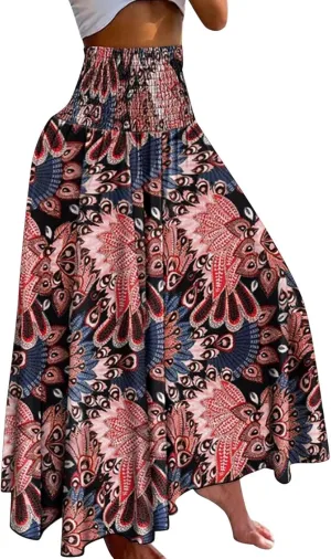 Women's Flowy Maxi Skirt Summer A Line Elastic High Waisted Floral Pleated Skirt Casual Fashion Printed Maxi Skirt