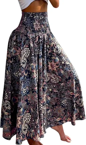 Women's Flowy Maxi Skirt Summer A Line Elastic High Waisted Floral Pleated Skirt Casual Fashion Printed Maxi Skirt