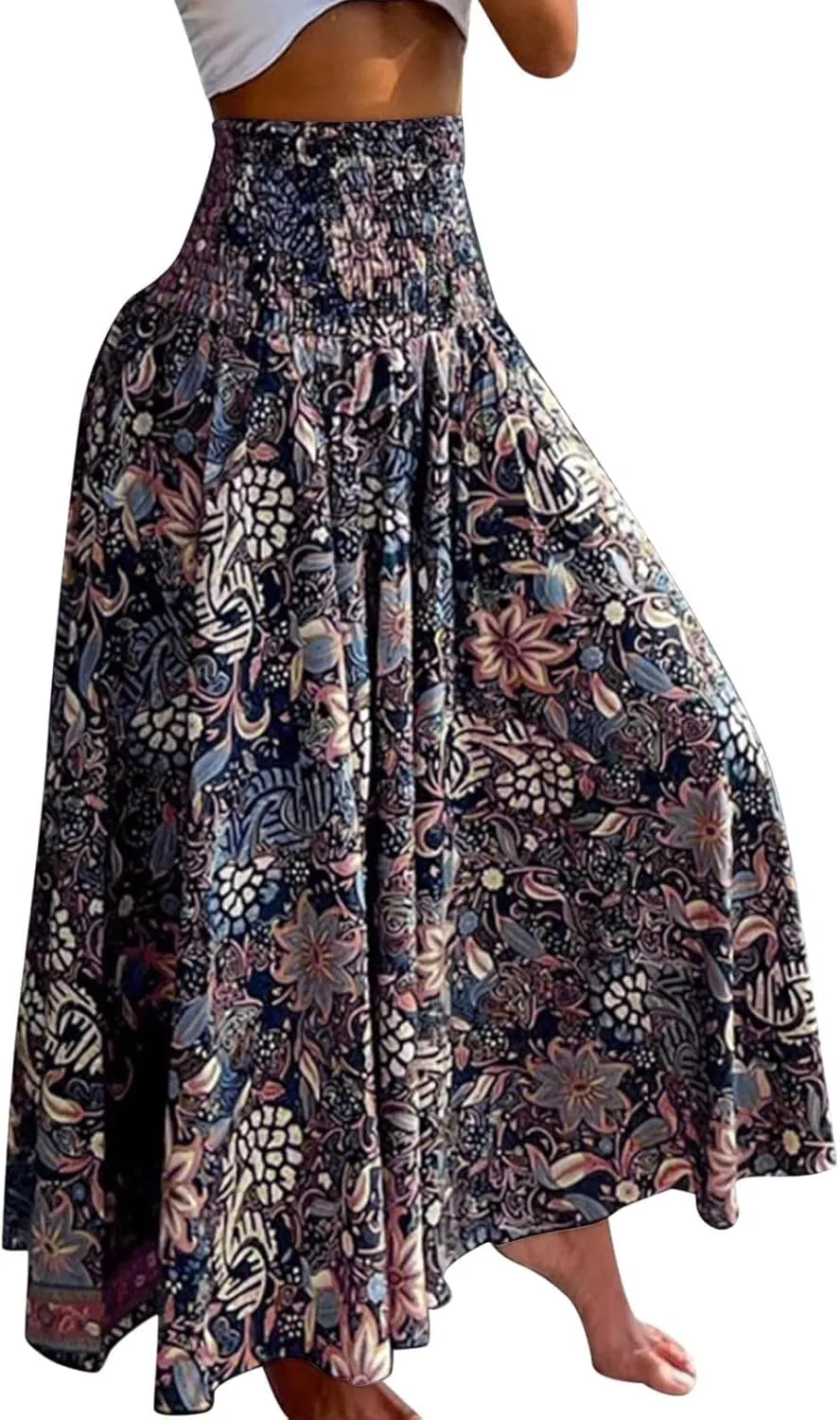 Women's Flowy Maxi Skirt Summer A Line Elastic High Waisted Floral Pleated Skirt Casual Fashion Printed Maxi Skirt
