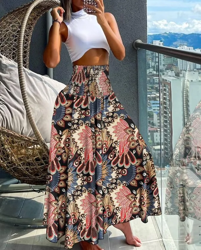 Women's Flowy Maxi Skirt Summer A Line Elastic High Waisted Floral Pleated Skirt Casual Fashion Printed Maxi Skirt