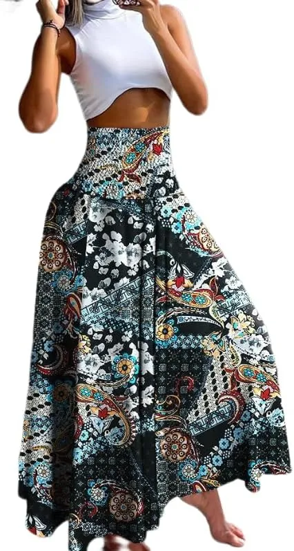 Women's Flowy Maxi Skirt Summer A Line Elastic High Waisted Floral Pleated Skirt Casual Fashion Printed Maxi Skirt