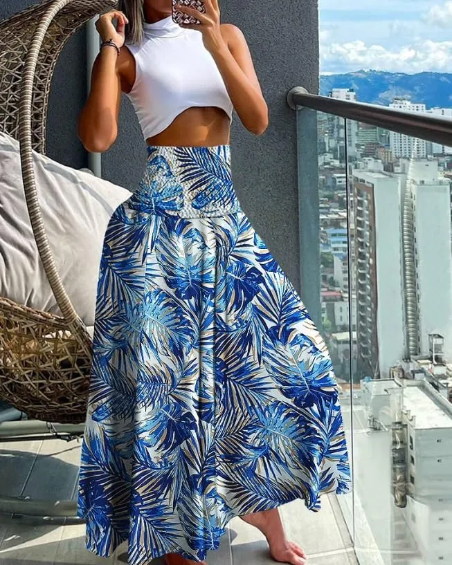 Women's Flowy Maxi Skirt Summer A Line Elastic High Waisted Floral Pleated Skirt Casual Fashion Printed Maxi Skirt
