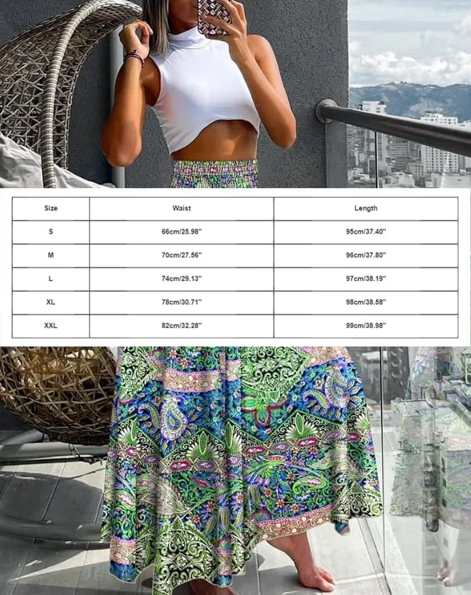 Women's Flowy Maxi Skirt Summer A Line Elastic High Waisted Floral Pleated Skirt Casual Fashion Printed Maxi Skirt