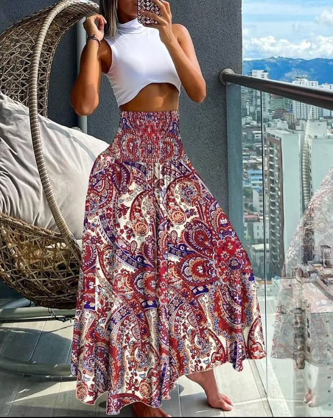 Women's Flowy Maxi Skirt Summer A Line Elastic High Waisted Floral Pleated Skirt Casual Fashion Printed Maxi Skirt