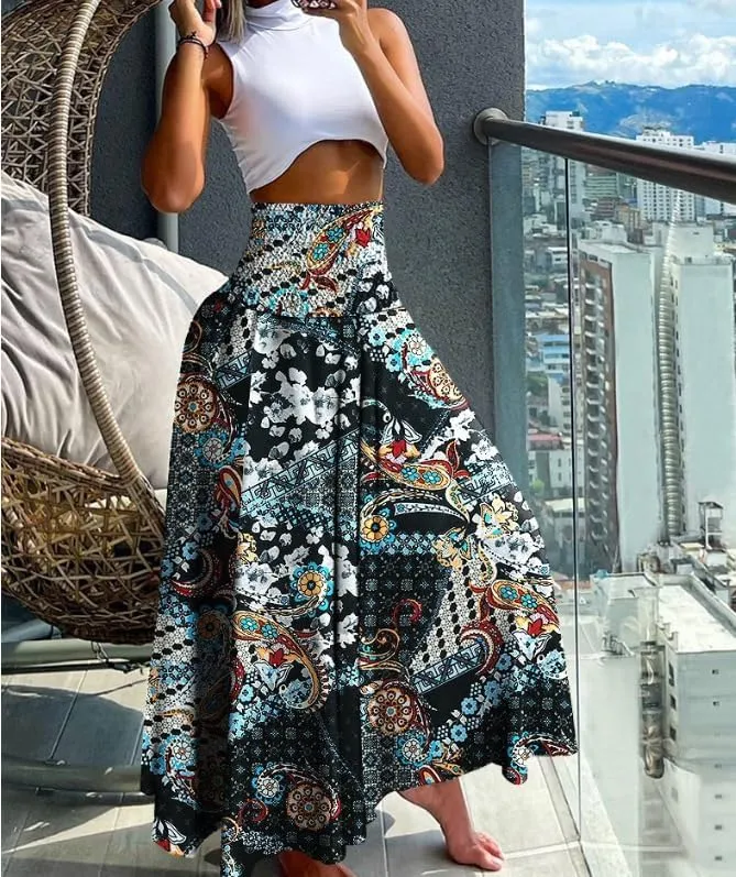 Women's Flowy Maxi Skirt Summer A Line Elastic High Waisted Floral Pleated Skirt Casual Fashion Printed Maxi Skirt