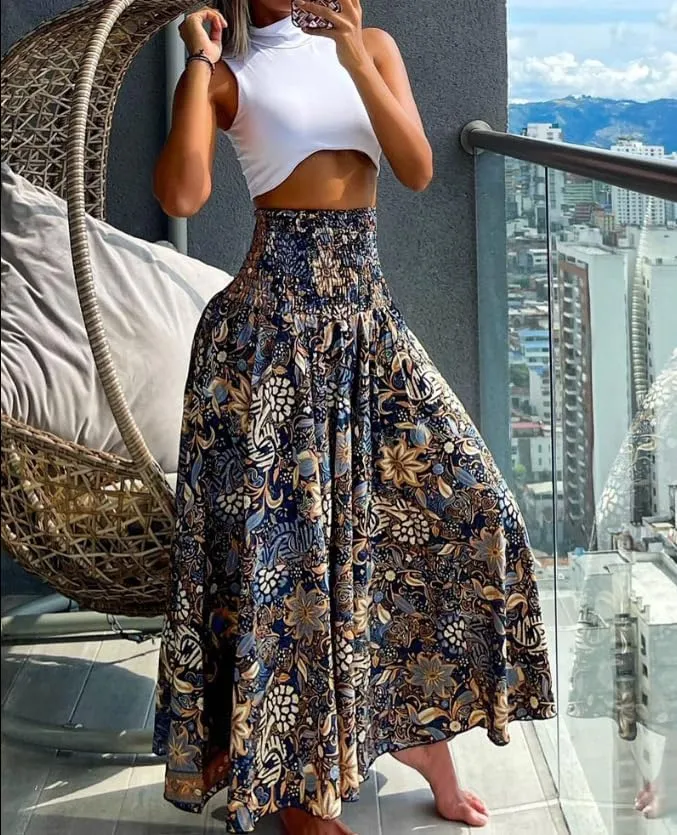 Women's Flowy Maxi Skirt Summer A Line Elastic High Waisted Floral Pleated Skirt Casual Fashion Printed Maxi Skirt