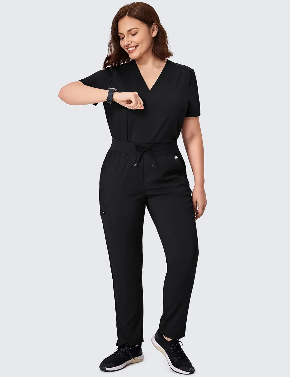 Womens High Waisted Scrub Pants Straight Leg Pull-On Cargo Pants with 6 Pockets Drawstring Medical Uniforms