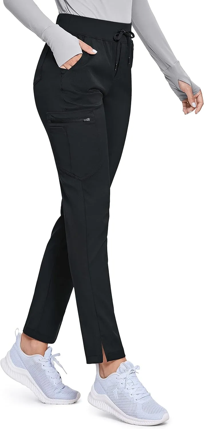 Womens High Waisted Scrub Pants Straight Leg Pull-On Cargo Pants with 6 Pockets Drawstring Medical Uniforms