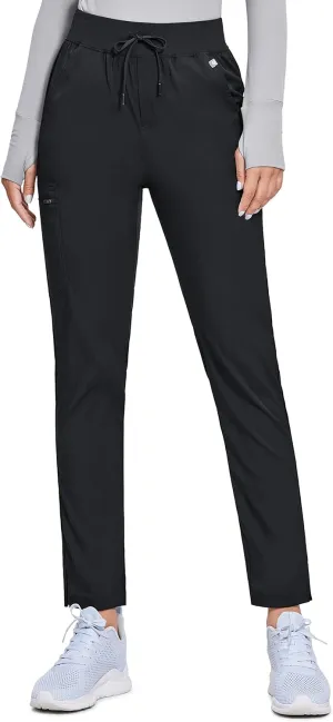 Womens High Waisted Scrub Pants Straight Leg Pull-On Cargo Pants with 6 Pockets Drawstring Medical Uniforms