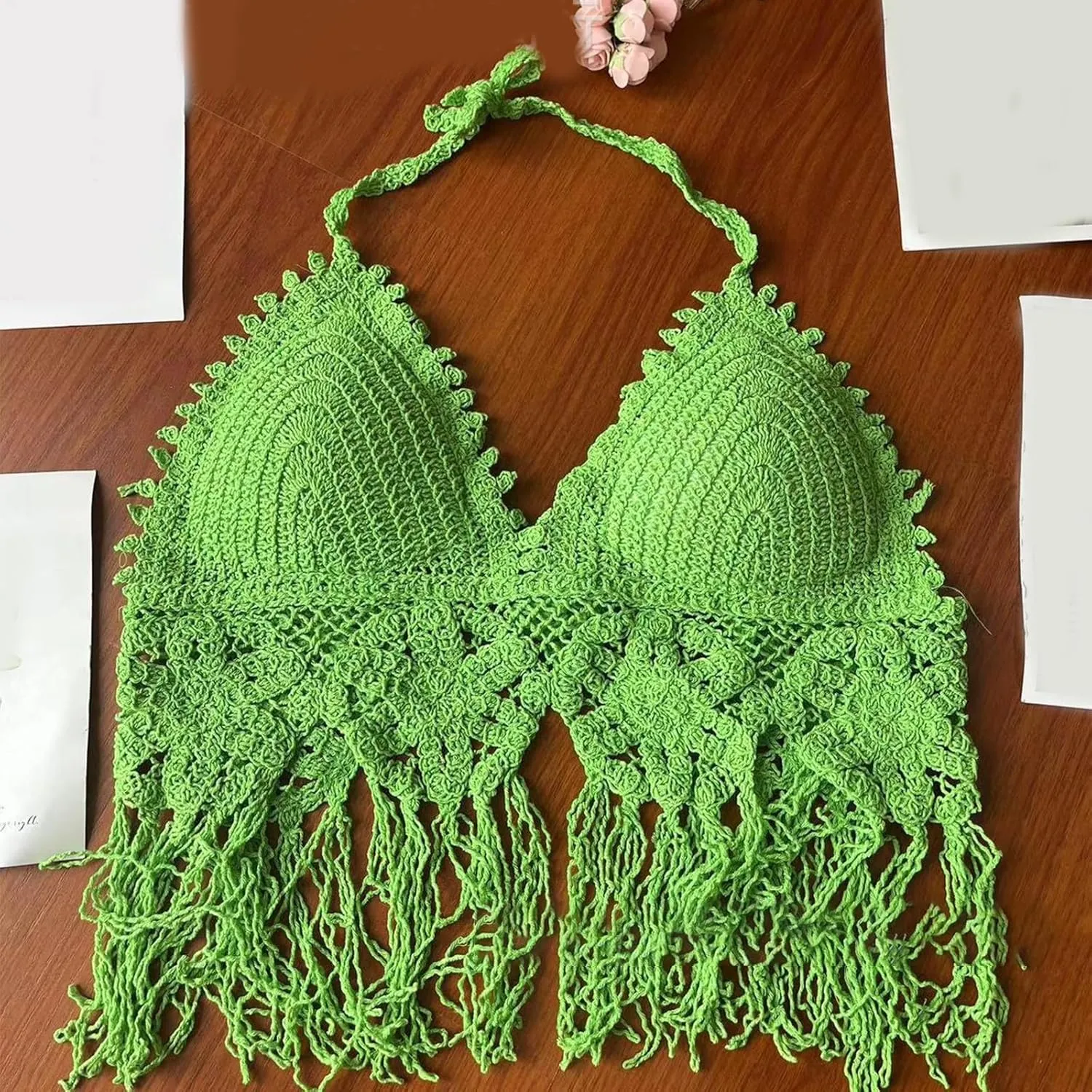 Womens Hollow Out Crochet Knit Halterneck Backless Bra Sequins Tassels Bralette Beach Festivals Camisole Crop Top Vests