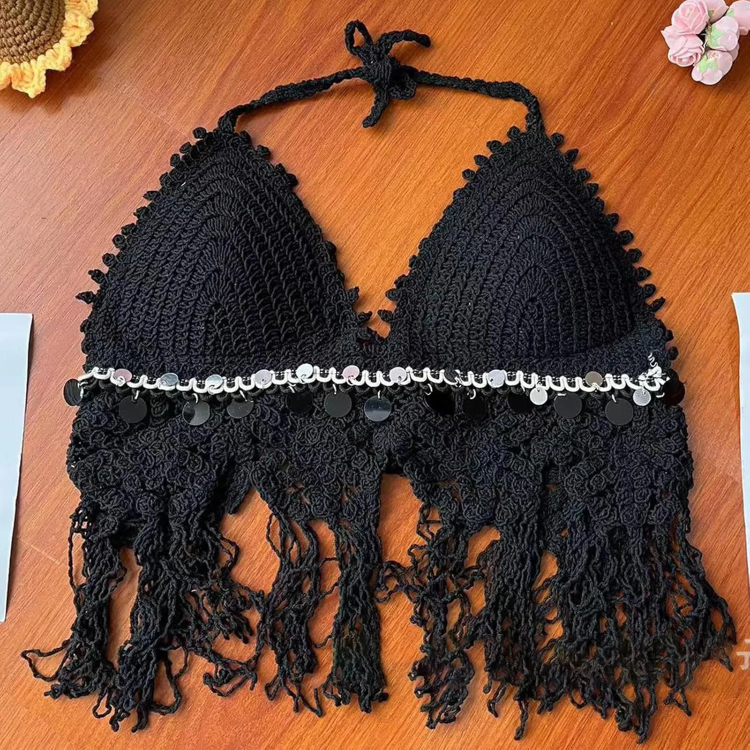 Womens Hollow Out Crochet Knit Halterneck Backless Bra Sequins Tassels Bralette Beach Festivals Camisole Crop Top Vests