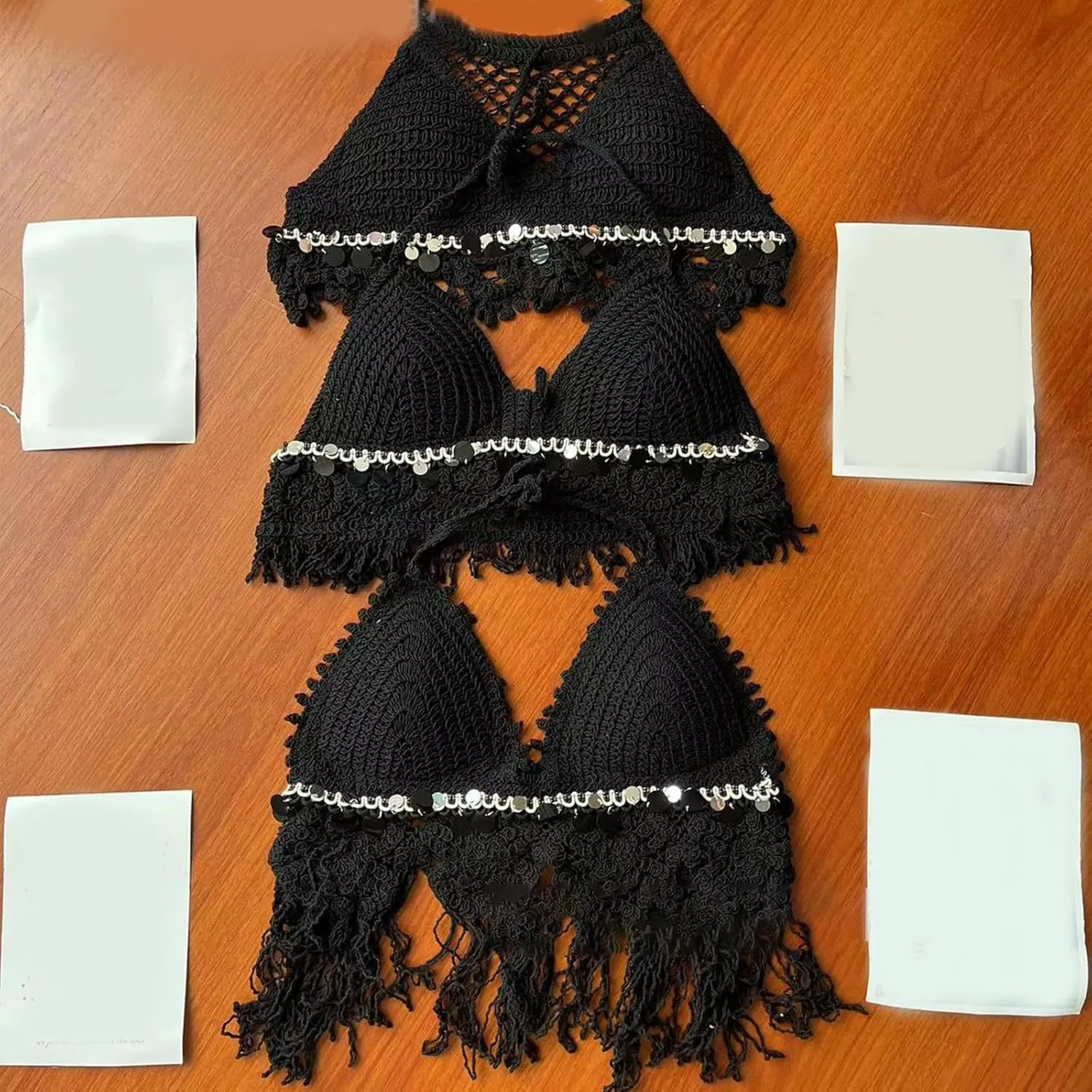 Womens Hollow Out Crochet Knit Halterneck Backless Bra Sequins Tassels Bralette Beach Festivals Camisole Crop Top Vests