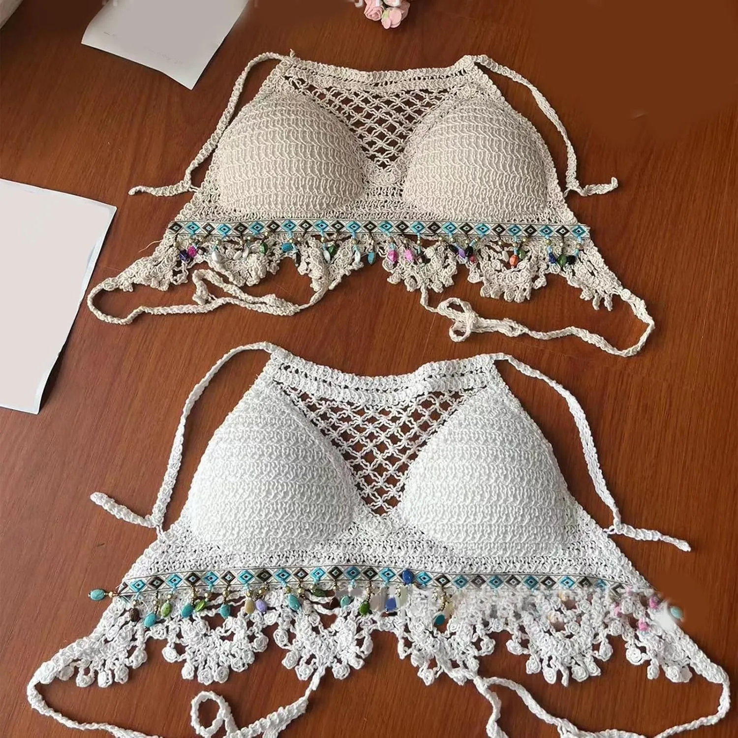 Womens Hollow Out Crochet Knit Halterneck Backless Bra Sequins Tassels Bralette Beach Festivals Camisole Crop Top Vests