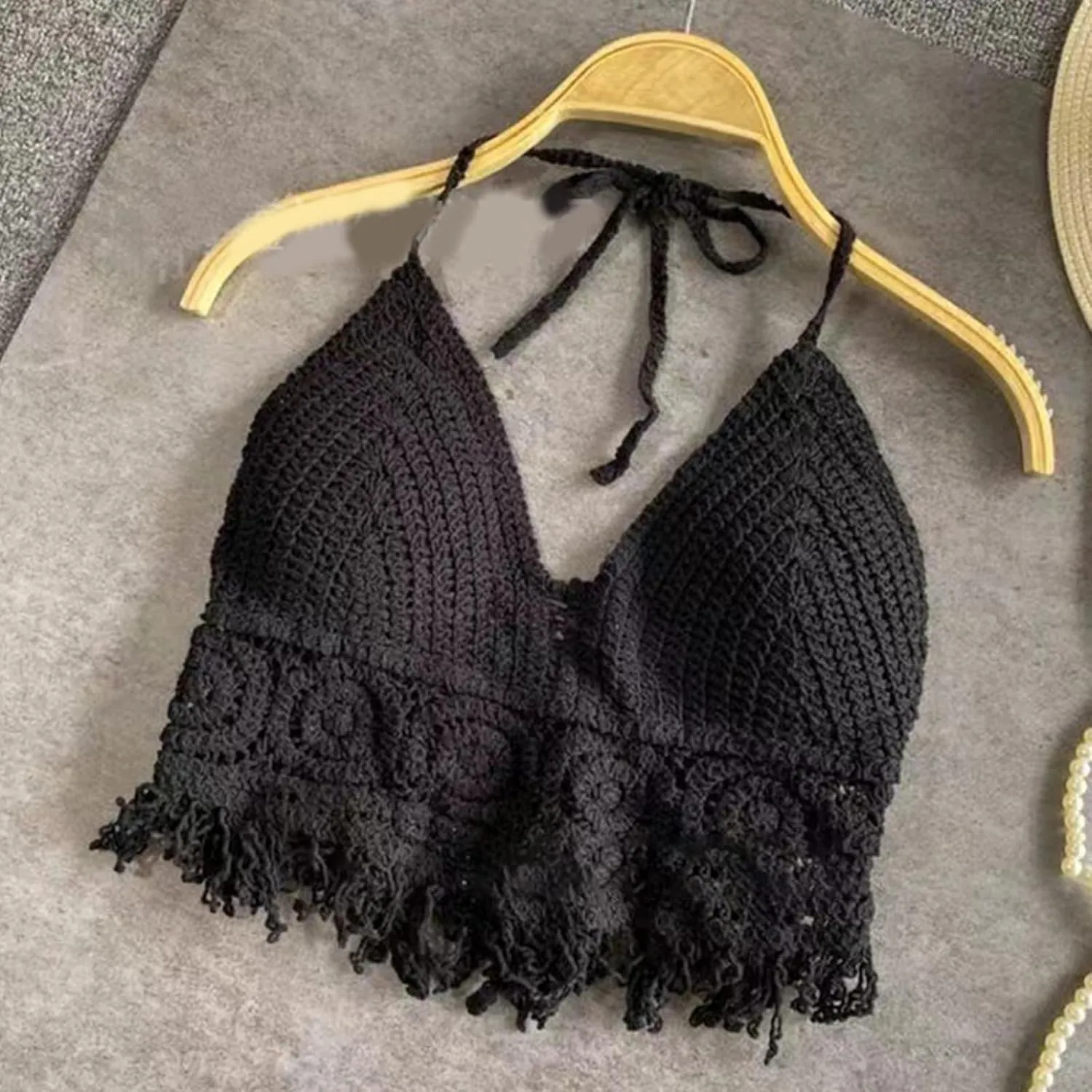 Womens Hollow Out Crochet Knit Halterneck Backless Bra Sequins Tassels Bralette Beach Festivals Camisole Crop Top Vests