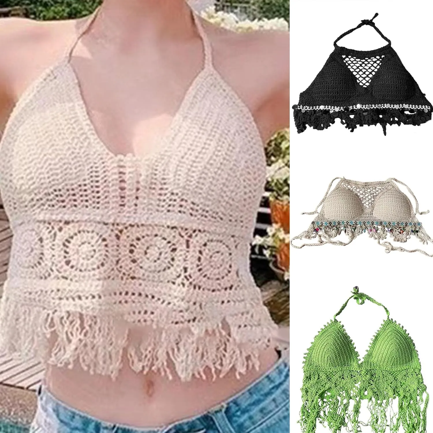 Womens Hollow Out Crochet Knit Halterneck Backless Bra Sequins Tassels Bralette Beach Festivals Camisole Crop Top Vests