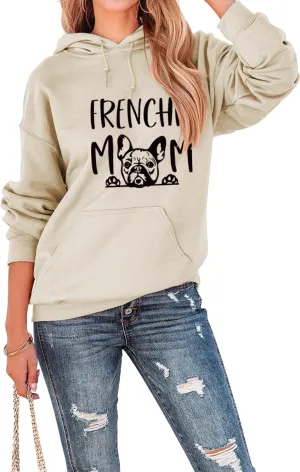 Womens Hoodies Oversized Sweatshirt Loose Long Sleeve Shirts with Pocket Frenchie Mom Cute Dog Letter Graphic Top