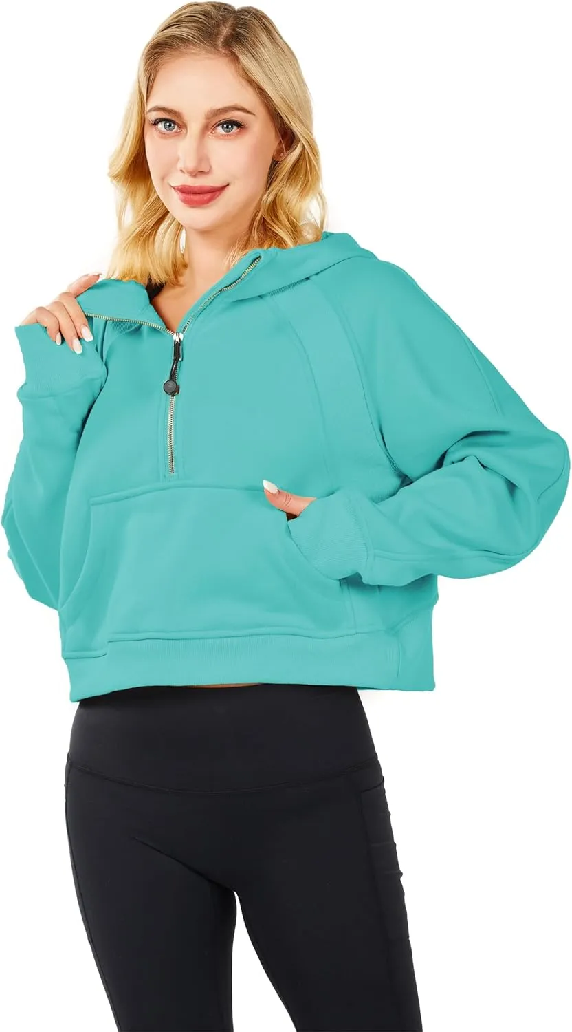 Womens Hoodies Oversized Sweatshirts Half Zip Pullover Cropped Long Sleeve Spring Fall Outfits Thumb Hole