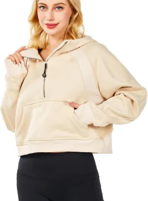 Womens Hoodies Oversized Sweatshirts Half Zip Pullover Cropped Long Sleeve Spring Fall Outfits Thumb Hole